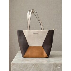 Montana West Colorblock Tote Bag Brown Cream Tan Geometric Vegan Leather Zip Top